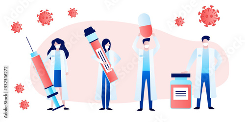A team of doctors with syringe, pill, vaccine and blood sample.for medical treatment. Fight coronavirus 2019.