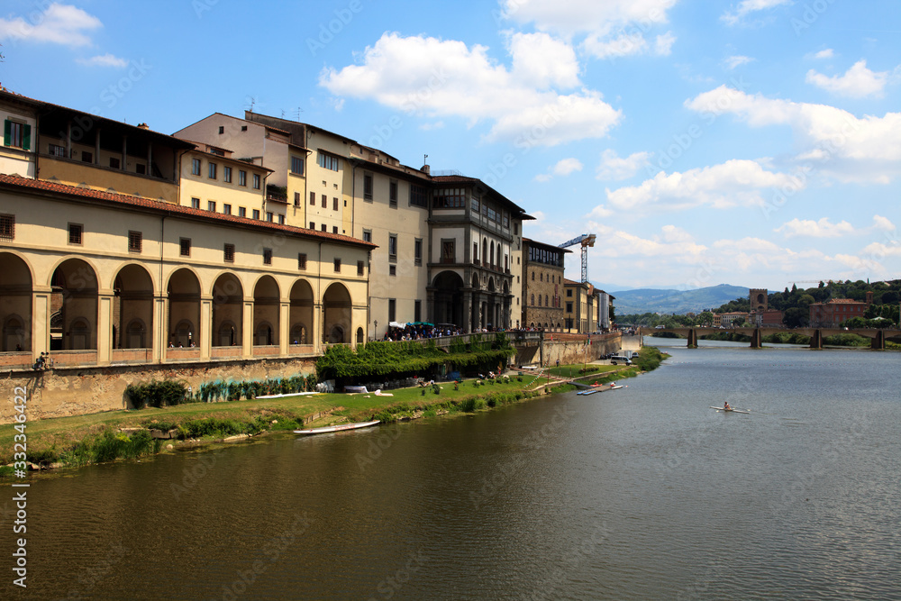 Firenze, Italy - April 21, 2017: Arno river view from Ponte Vecchio, Florence, Firenze, Tuscany, Italy