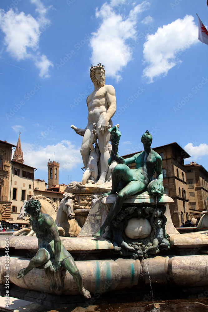 Firenze, Italy - April 21, 2017: Fountain of Neptun by Bartolomeo Ammanati, Piazza della Signoria, Florence, Firenze, Tuscany, Italy