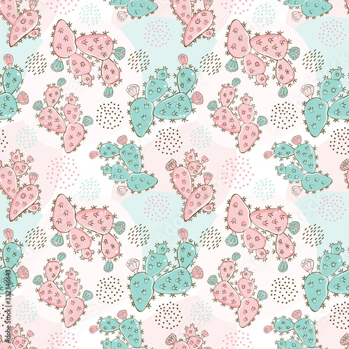 Hand drawn pink and green cacti with flowers seamless pattern. Abstract modern background in Scandinavian style. Exotic plant. Design for textiles, fabric, packaging paper, Wallpaper
