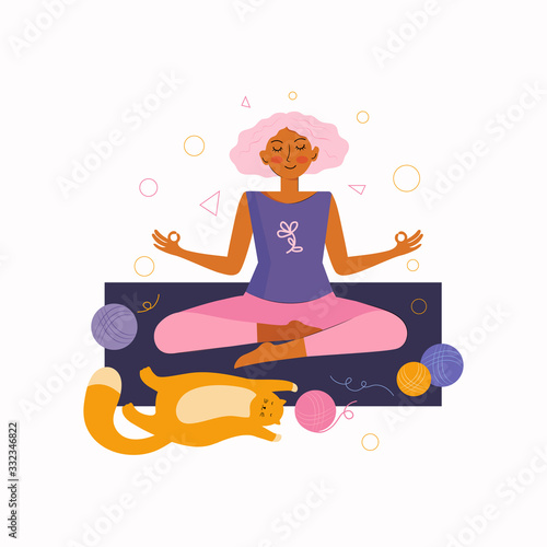 Young woman and a funny red cat spend time together at home doing yoga. Spending time at home. Time at home with your favorite pet. Woman sits in the Lotus position and meditates. Vector illustration.