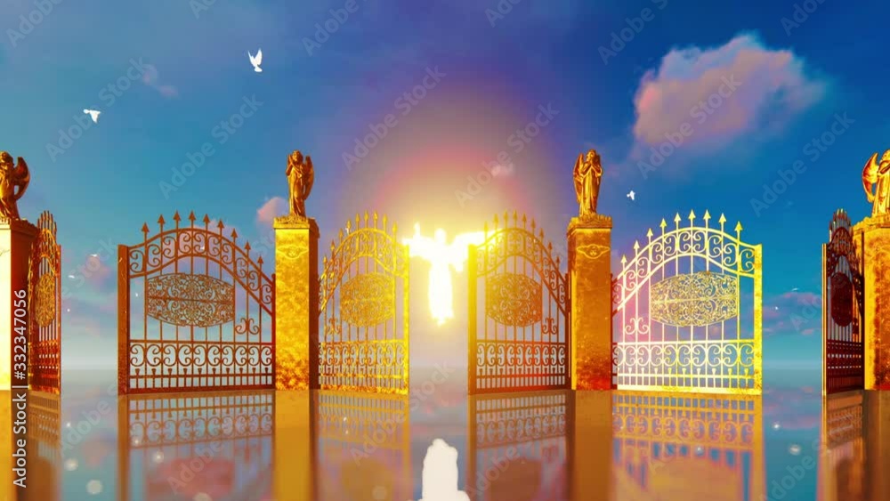 Golden gates of heaven opening revealing glowing angel and flying white ...