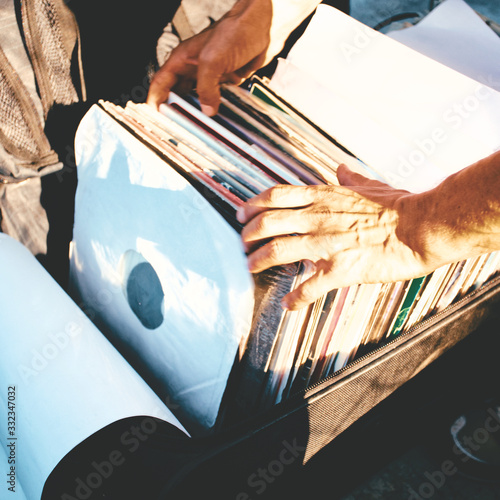 Stacks of vinyl records in the store