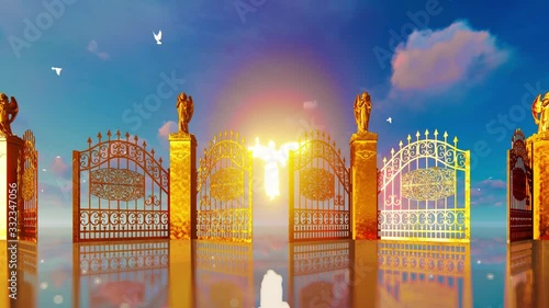 Golden gates of heaven opening revealing glowing angel and flying white doves photo