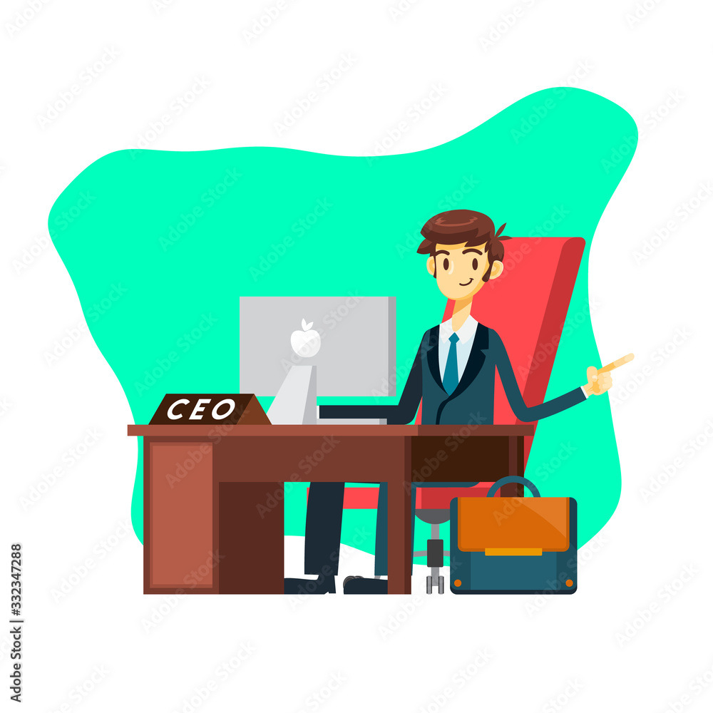 businessman cartoon character sit in front of desk pointing his finger businessman cartoon character sit in front of desk pointing his finger