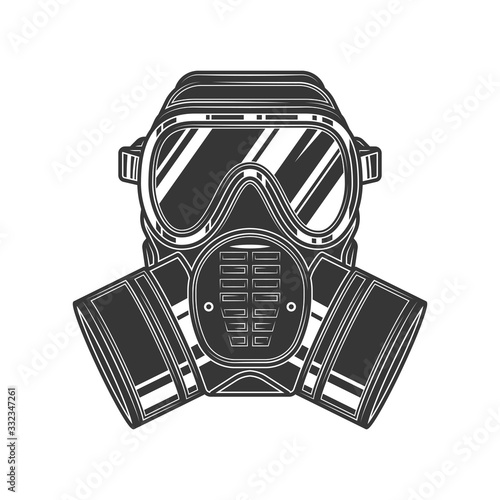 Original outline illustration chemical gas mask respirator with protective glass and filters in vintage style.