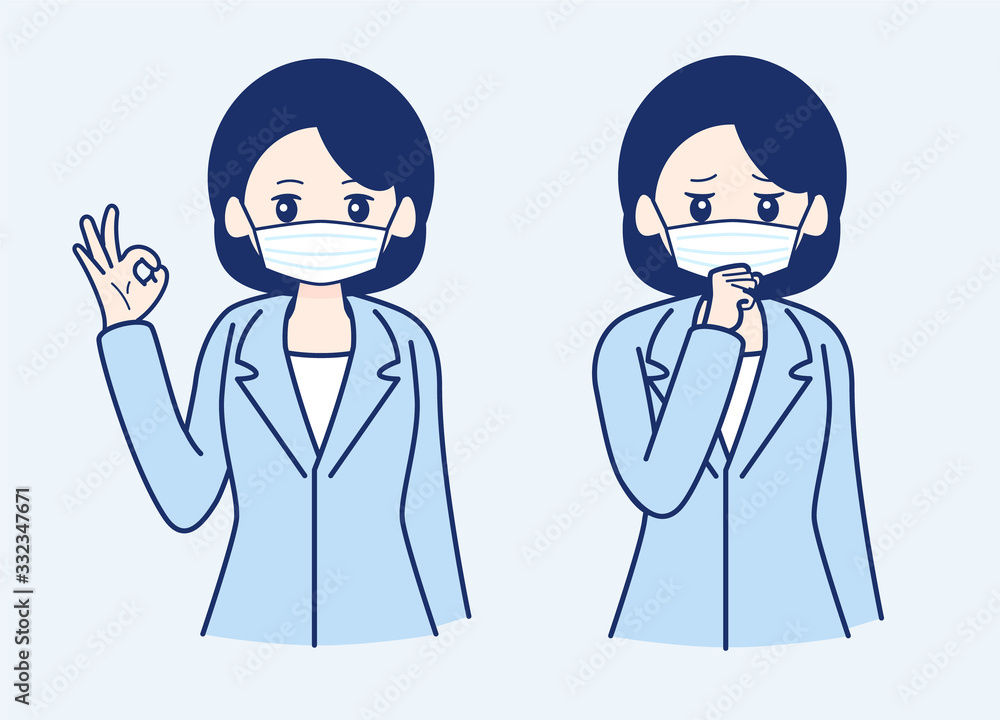 Business woman in suit wearing surgical mask with ok hand gesture and feeling unwell coughing. Business woman in suit wearing surgical mask with ok hand gesture and feeling unwell coughing.