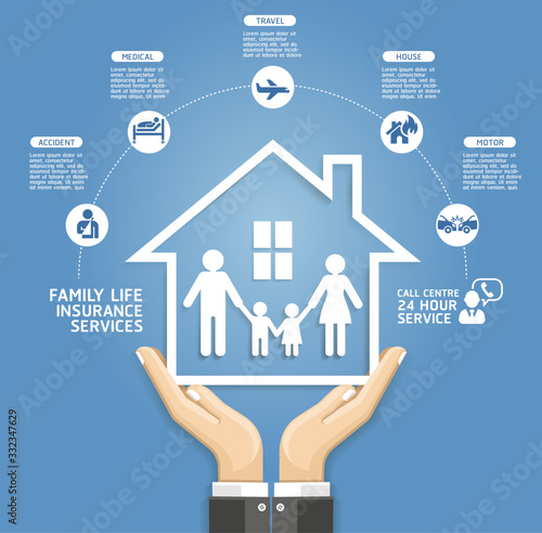 Insurance policy services conceptual design. Hand holding a paper family in house. Vector Illustrations.