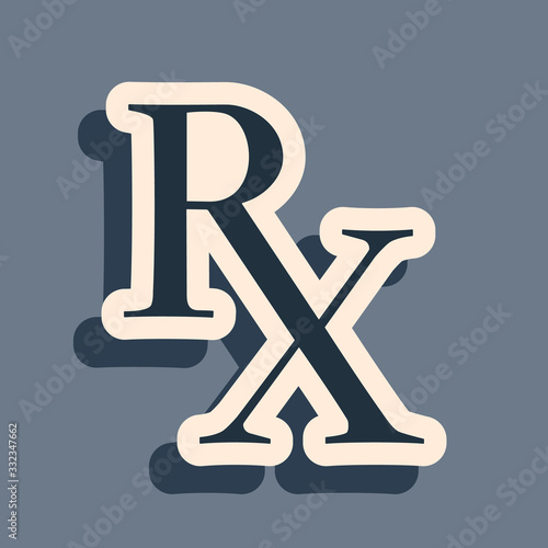 Black Medicine symbol Rx prescription icon isolated on grey background. Long shadow style. Vector Illustration
