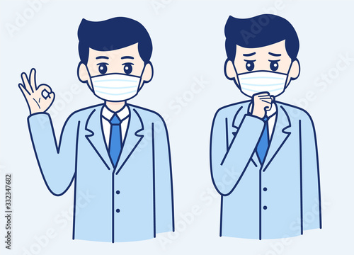 Business man in suit wearing surgical mask with ok hand gesture and feeling unwell coughing.