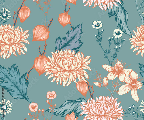 Seamless floral pattern with chrysanthemums and other flowers
