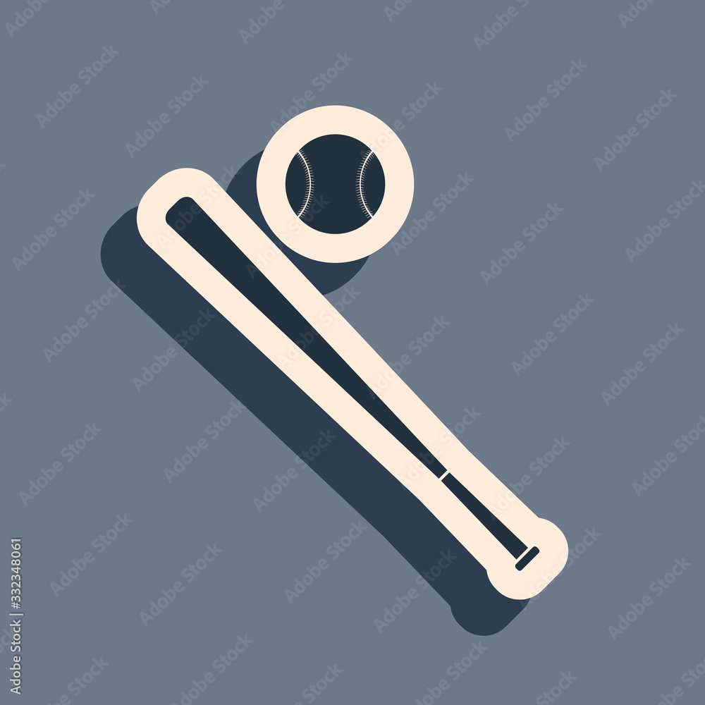 Black Baseball ball and bat icon isolated on grey background. Long shadow style. Vector Illustration Black Baseball ball and bat icon isolated on grey background. Long shadow style. Vector Illustration