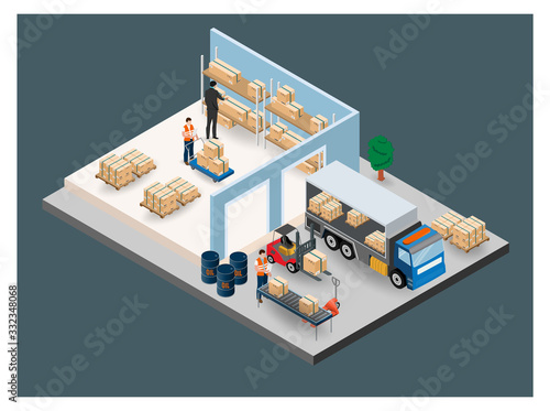 Modern flat design isometric concept of Warehouse Logistic with Workers loading products on  the trucks and forklift loading pallets with cardboard boxes. Vector illustration.