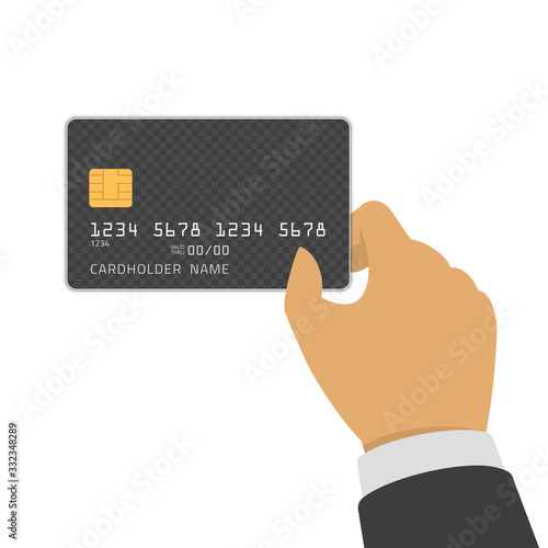 Mockup Credit Card with worlds map in hand. Empty plastic card template isolated on white background with transparent zone. Realistic style. Business and finance concept. Vector illustration EPS 10.