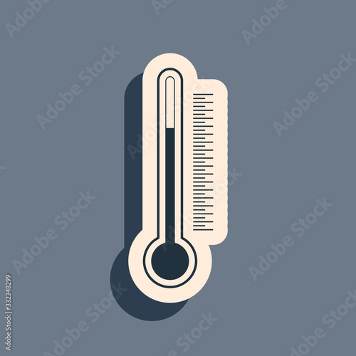 Black Thermometer icon isolated on grey background. Long shadow style. Vector Illustration