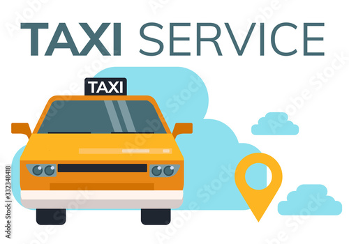  Simple flat illustration for taxi call application. Illustration of a taxi car and geolocation tags 