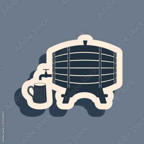 Black Wooden barrel on rack with stopcock and wooden beer mug icon isolated on grey background. Long shadow style. Vector Illustration