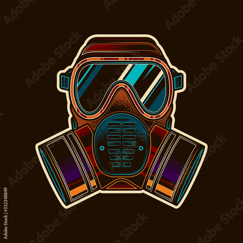 Original vector illustration. Chemical gas mask respirator with protective glass and filters in vintage style.