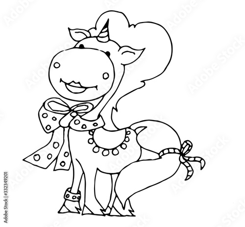 Coloring book for kids - unicorn is dressed smartly. Black and white cute cartoon unicorns. Vector illustration.