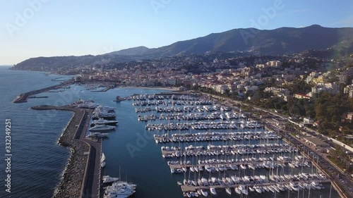 Sanremo (or San Remo), Liguria, Italy is a city on the Mediterranean coast of Liguria, in northwestern Italy. This clip is part of a series of drone shots made above this beautiful Italian village. photo