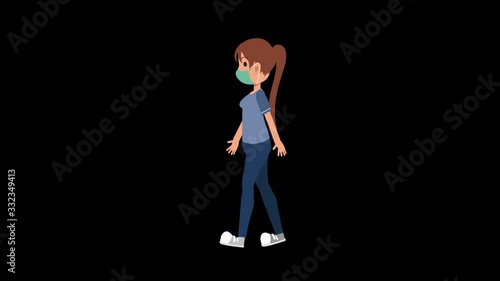 Girl side view with protection mask is walking. 2d cartoon animation alpha