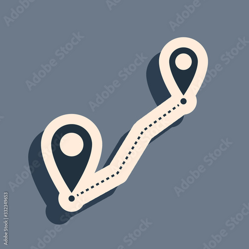 Black Route location icon isolated on grey background. Map pointer sign. Concept of path or road. GPS navigator. Long shadow style. Vector Illustration