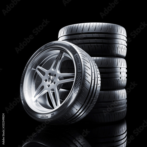 Car wheel isolated on black background 3d