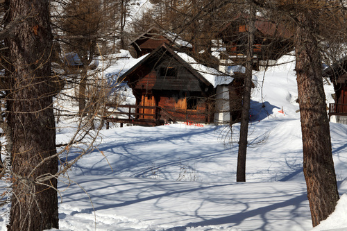 Devero Park ( Verbano-Cusio-Ossola ), Italy - January 15, 2017: Typical houses in the forest at Alpe Devero Park, Ossola Valley, VCO, Piedmont, Italy © PaoloGiovanni