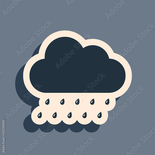 Black Cloud with rain icon isolated on grey background. Rain nimbus cloud precipitation with rain drops. Long shadow style. Vector Illustration
