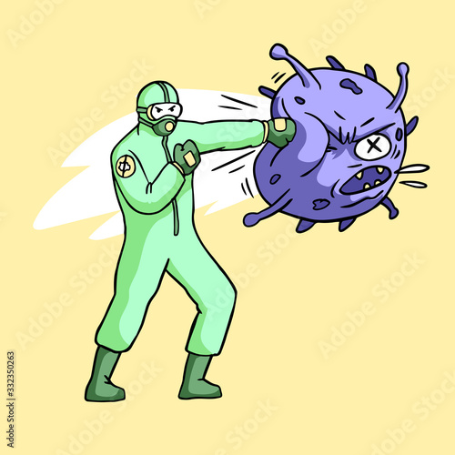 Medical officer wearing hazmat suit jab punching virus monster vector illustration for stop coronavirus global epidemic concept design