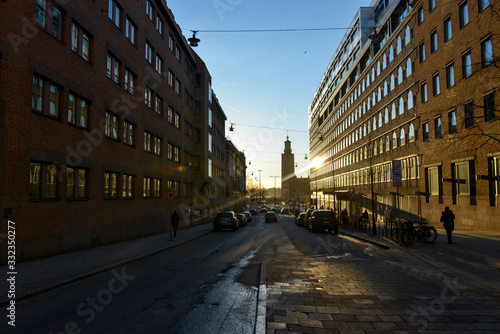 Photography rue commerçante de Stockholm en Suède au couché de soleil