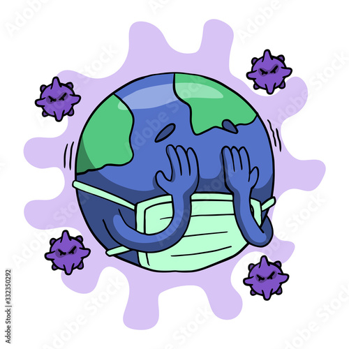 Earth globe closing its eyes using hand with virus monster around for world panic afraid during coronavirus covid-19 global epidemic concept design