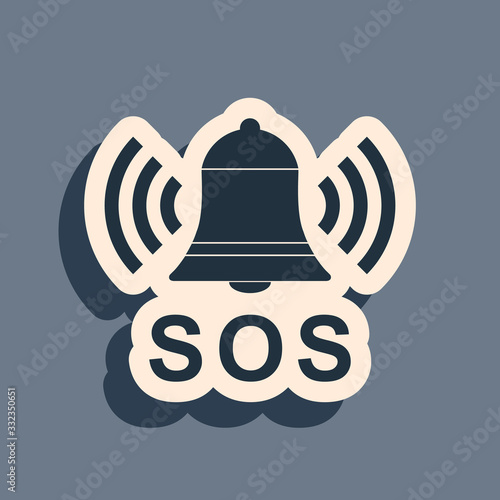 Black Alarm bell and SOS lettering icon isolated on grey background. Warning bell, help sign. Emergency SOS button. Long shadow style. Vector Illustration