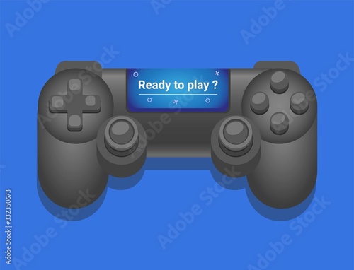 Consol Gamepad with screen with text "ready to play ?". illustration vector isolated in blue background