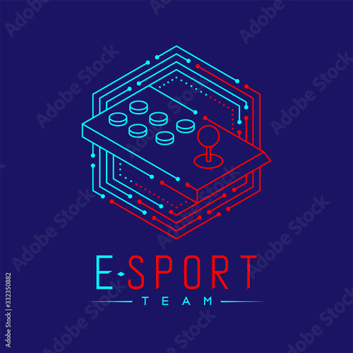 Esport logo icon outline stroke in hexagon frame, Arcade fighting gaming gear stick design illustration isolated on dark blue background with Esport Team text and copy space, vector eps 10