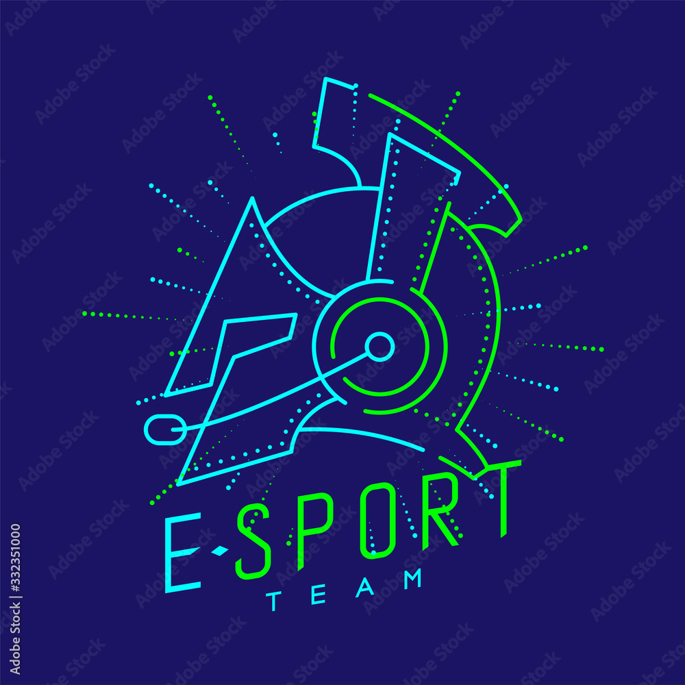 Fototapeta premium Esport streamer logo icon outline stroke, Joypad or Controller gaming gear with headphones, microphone and radius helmet armor design on blue background with Esport Team text and copy space, vector