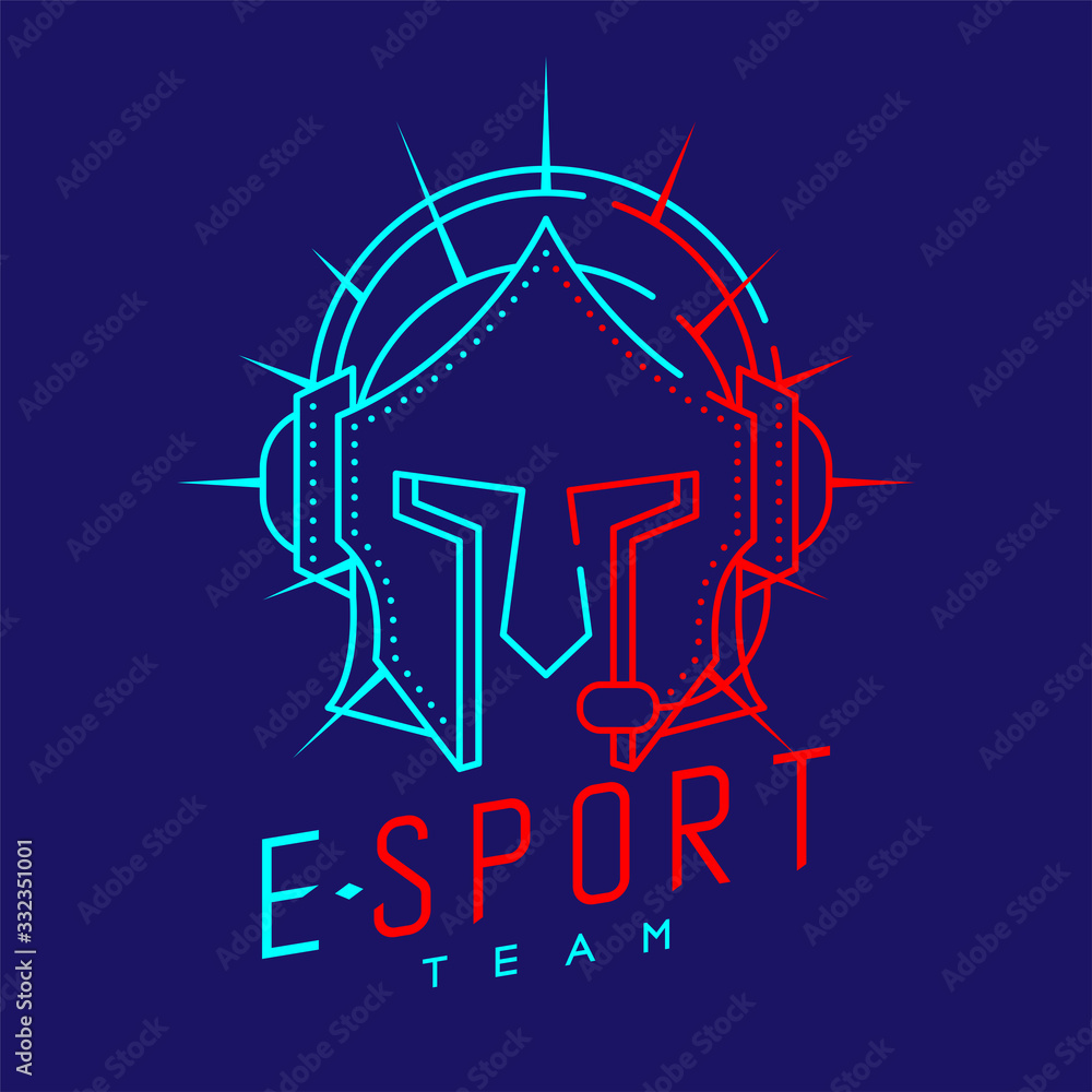 Esport streamer logo icon outline stroke, Joypad or Controller gaming gear with headphones, microphone and radius helmet armor design on blue background with Esport Team text and copy space, vector