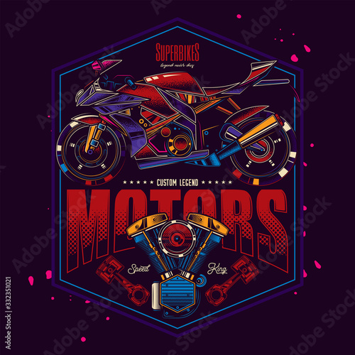Original vector label in neon style. The fastest motorcycle. Superbike.