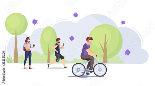 People on urban street. People with bicycles in city park, walking on the street, running, talk phone. Outdoor walks during the quarantine period. Coronavirus pandemic COVID-19 concept