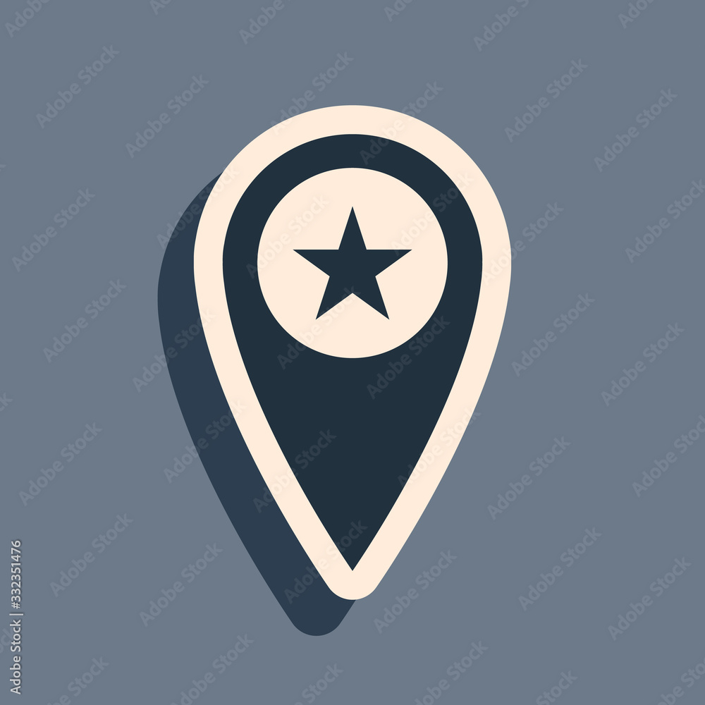 Black Map pointer with star icon isolated on grey background. Star favorite pin map icon. Map markers. Long shadow style. Vector Illustration Black Map pointer with star icon isolated on grey background. Star favorite pin map icon. Map markers. Long shadow style. Vector Illustration
