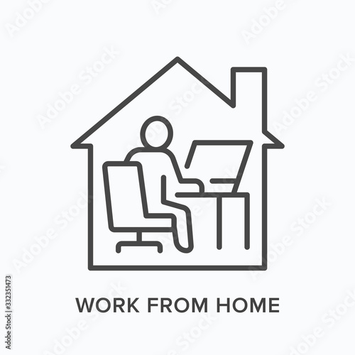 Man working on computer from home line icon. Freelance work, online education vector illustration. Person sitting in front of laptop at house office linear sign