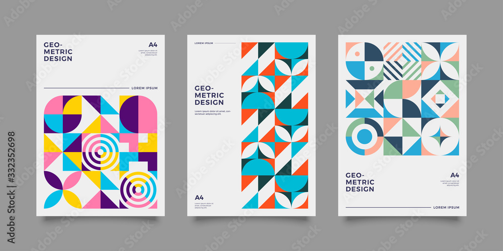 Set of abstract geometric minimal vector posters in neo-memphis/ bauhaus/ vaporwave style. Collection of retro futuristic covers for club party, music concert.
