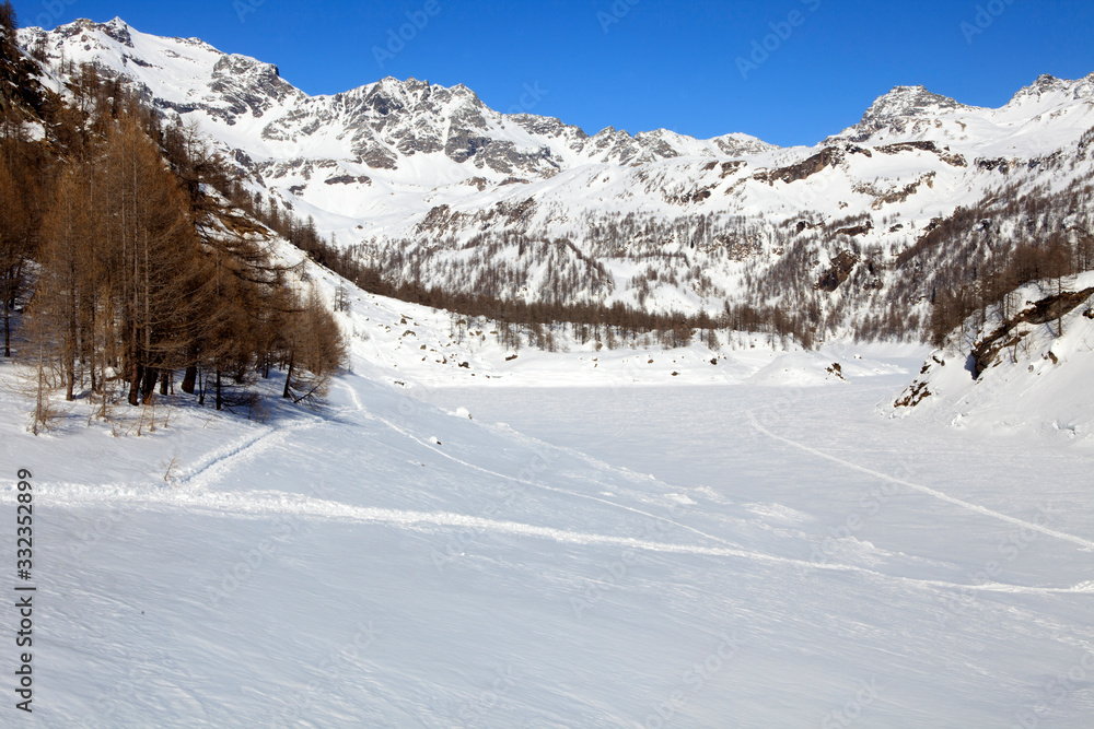 Devero Park ( Verbano-Cusio-Ossola ), Italy - January 15, 2017: The Codelago iced lake in Alpe Devero Park, Ossola Valley, VCO, Piedmont, Italy