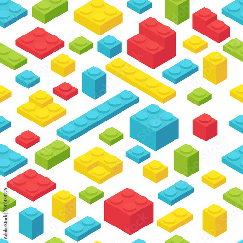 Multicolored isometry plastic bricks. Colorful in isometric view. Building blocks for children construction kits. Toy erector set. Vector seamless pattern background.