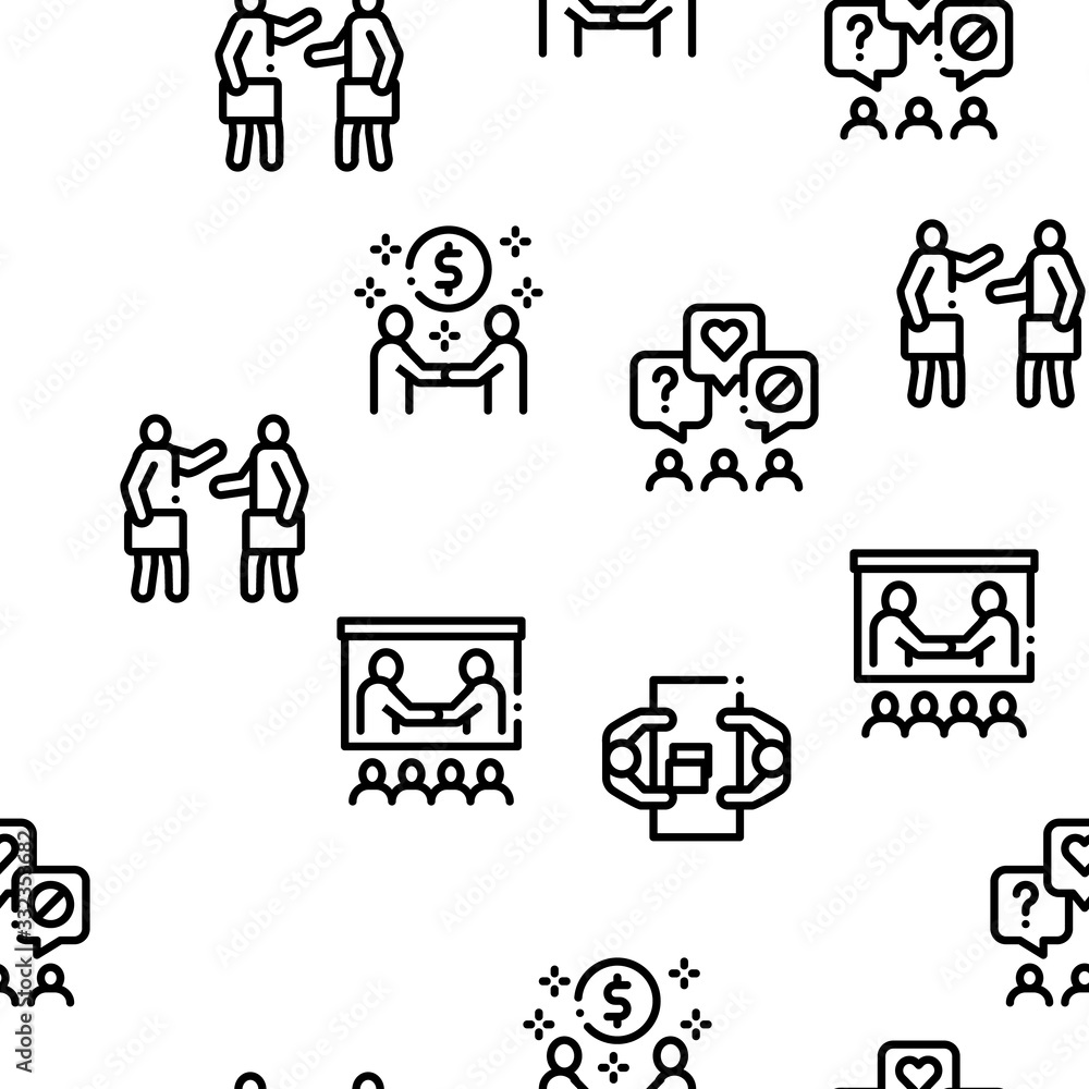 Fototapeta premium Business Meeting Conference Seamless Pattern Vector Thin Line. Illustrations