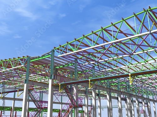 BIM-project of an industrial production frame of a building . 3D rendering. The structural model and drawings of the building were made by engineers. Structural engineering.