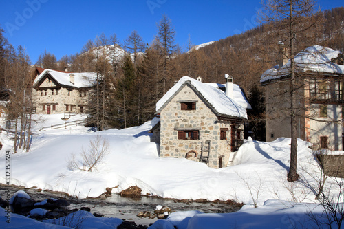 Devero Park ( Verbano-Cusio-Ossola ), Italy - January 15, 2017: The houses at Alpe Devero Park, Ossola Valley, VCO, Piedmont, Italy