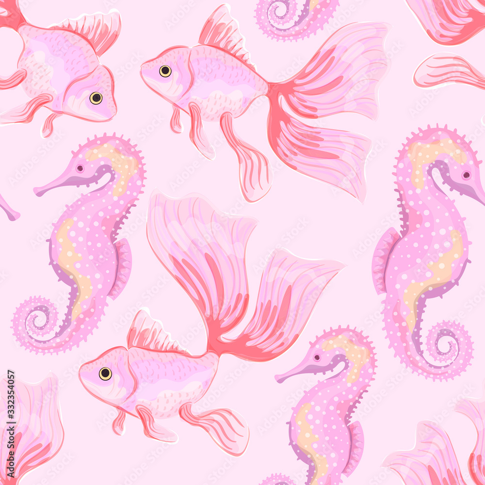 Goldfish and Sea Horse. Seamless pattern with the image of fish. Imitation of watercolor. Isolated illustration.