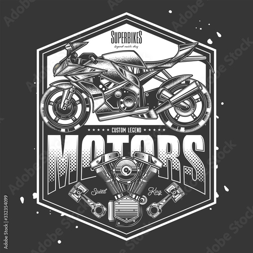 Original monochrome vector label in vintage style. The fastest motorcycle. Superbike.