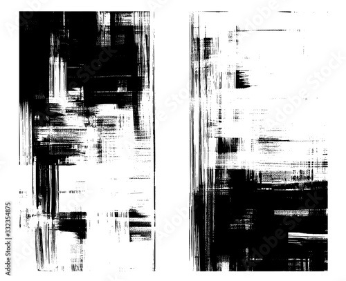 Black and white rough oil paint strokes on canvas. Set of two abstract paintings, cross hatching monochrome grungy background vector illustration